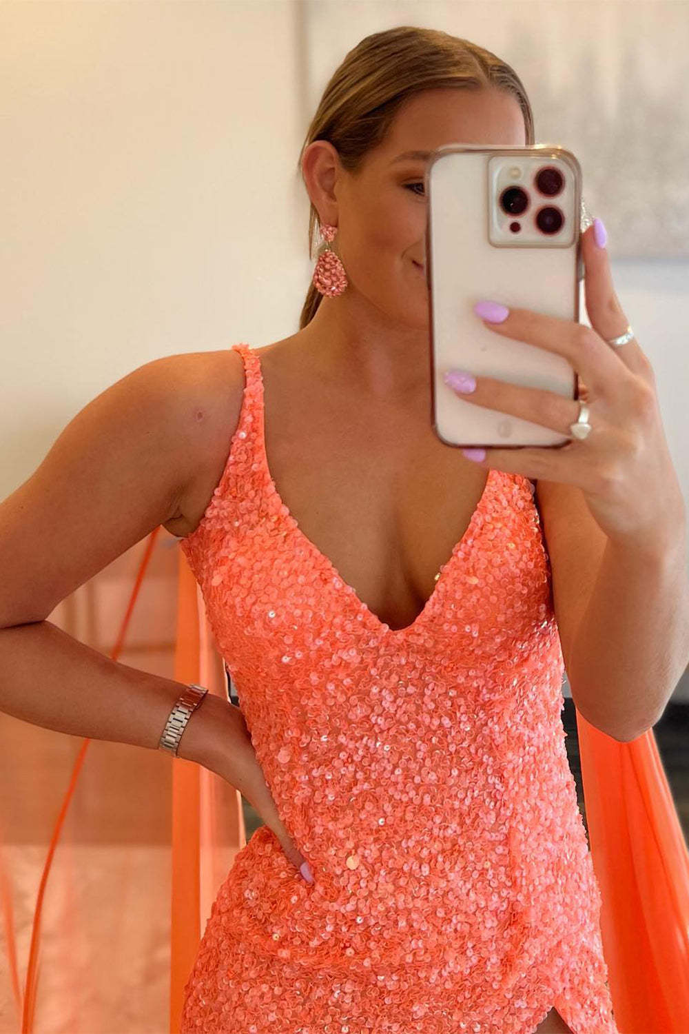 Long Orange Prom Dress with Watteau Train and Sequins