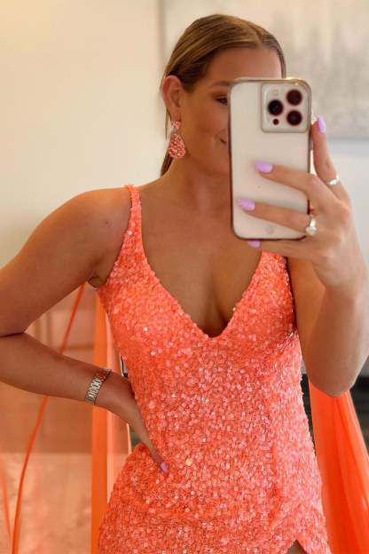 Long Orange Prom Dress with Watteau Train and Sequins