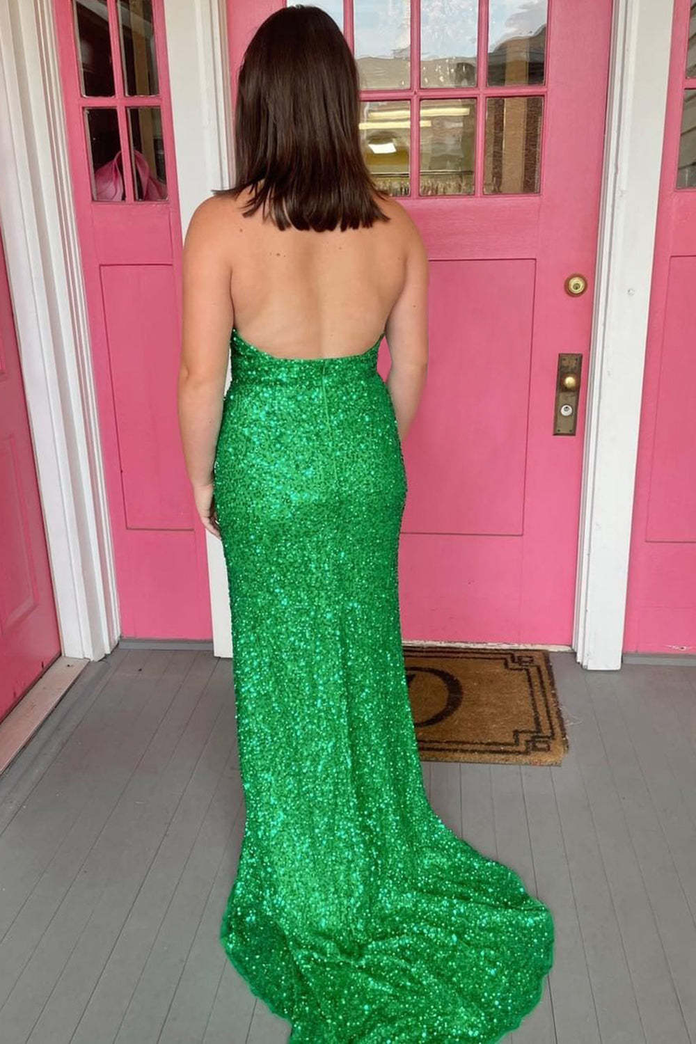 Long Green Sequined Prom Dress with Deep V Neck and Front Split