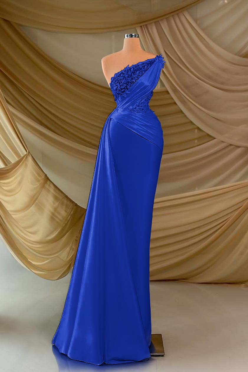 One Shoulder Sleeveless Long Formal Dress With Appliques Ruffles