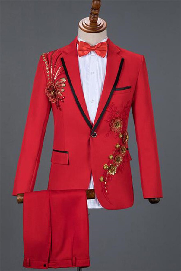 Newest Red Sequin Embroidery Lace Floral Best Wedding Suits for Men with One Button