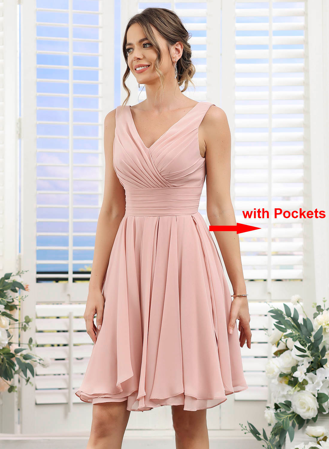 Elegant Pink Chiffon Short Dress With Pockets