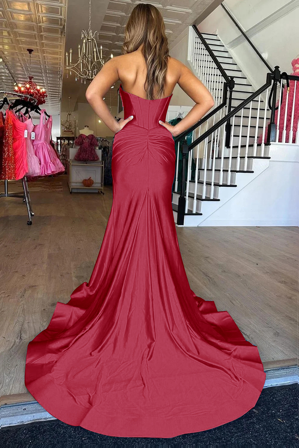 Elegant Red Satin Mermaid Prom Dress with Sweetheart Corset and Front Split