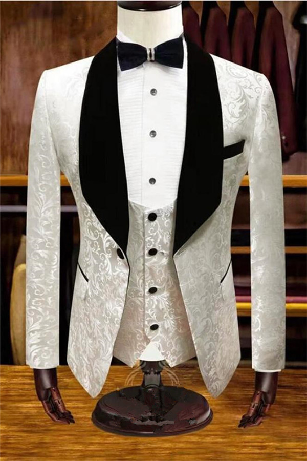 Elegant White Jacquard Three-Piece Wedding Tuxedos Men's Suits for Groom