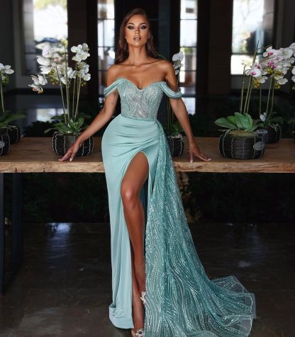 Light Blue Long Slit Mermaid Off-The-Shoulder Evening Dress With Sequins Ruffles