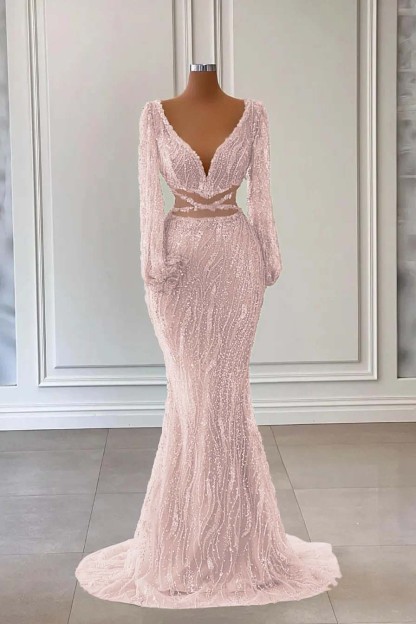 Light Green Long Sleeves V-Neck Evening Dress Mermaid With Sequins Beads