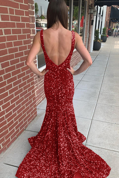 Long Prom Dress with Sequins in Mermaid Blue V-Neck