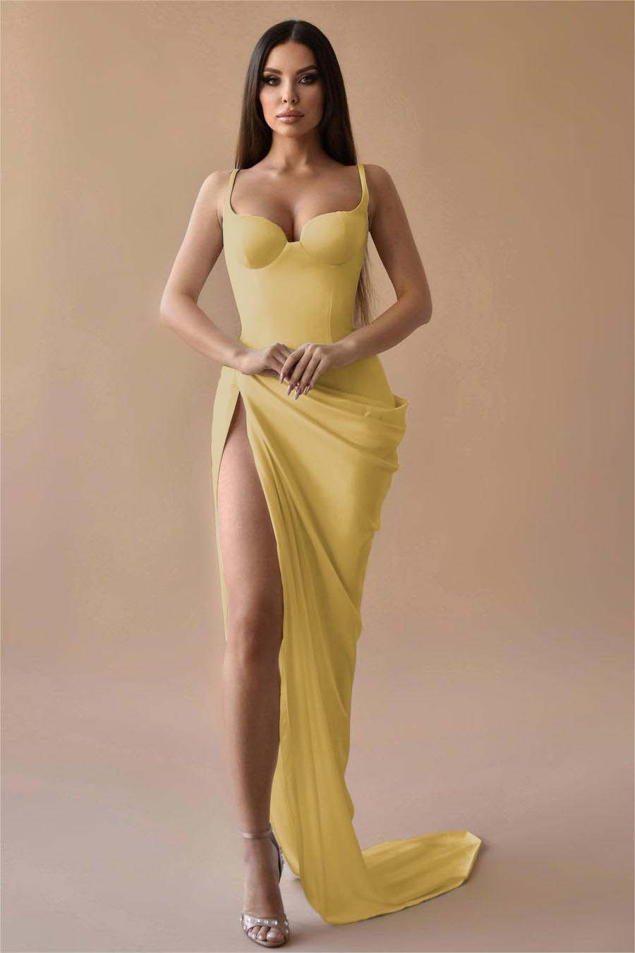 Simple White Spaghetti Strap Sleeveless Pleated Long Formal Dress With Split