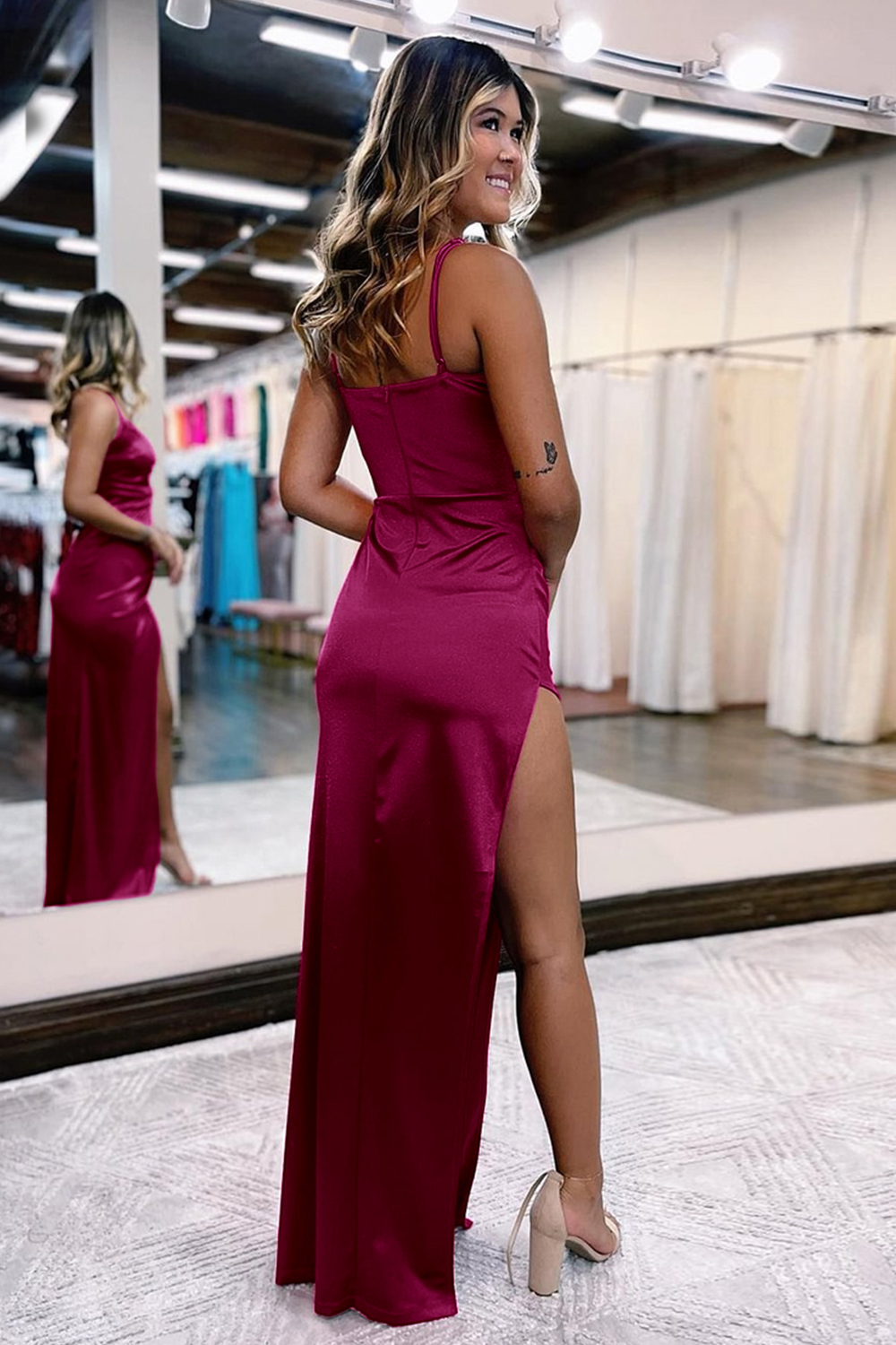 Simple V-Neck Prom Dress in Hot Pink Satin with Slit