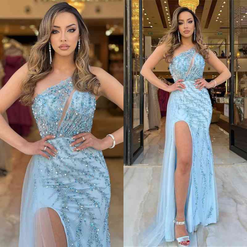 Elegant Blue One Shoulder Prom Evening Dress With Split