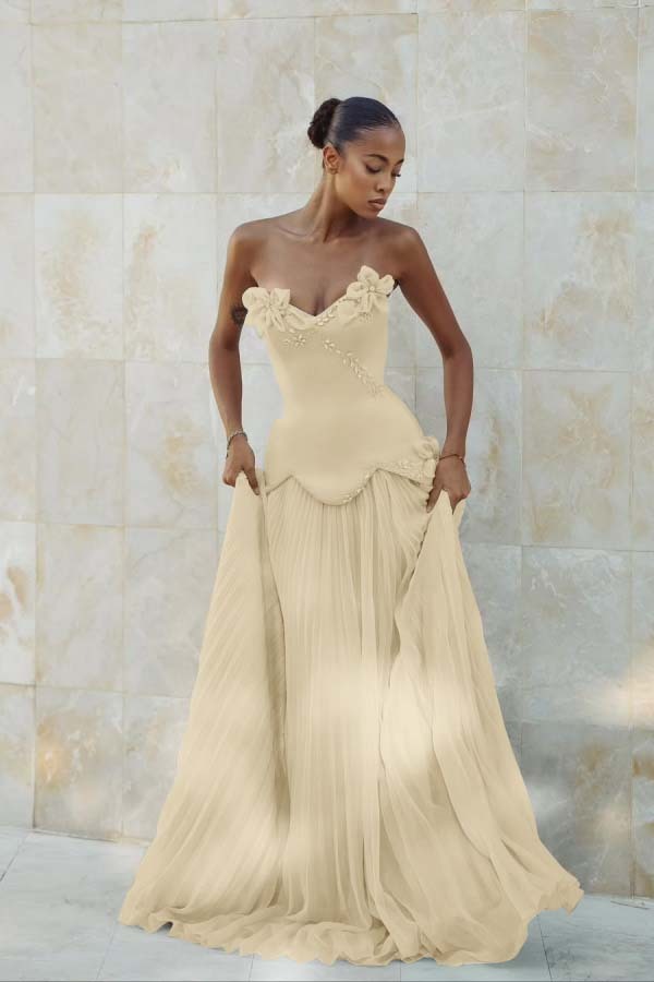 Stunning Strapless Sleeveless Long Formal Dress With Pleated Beading