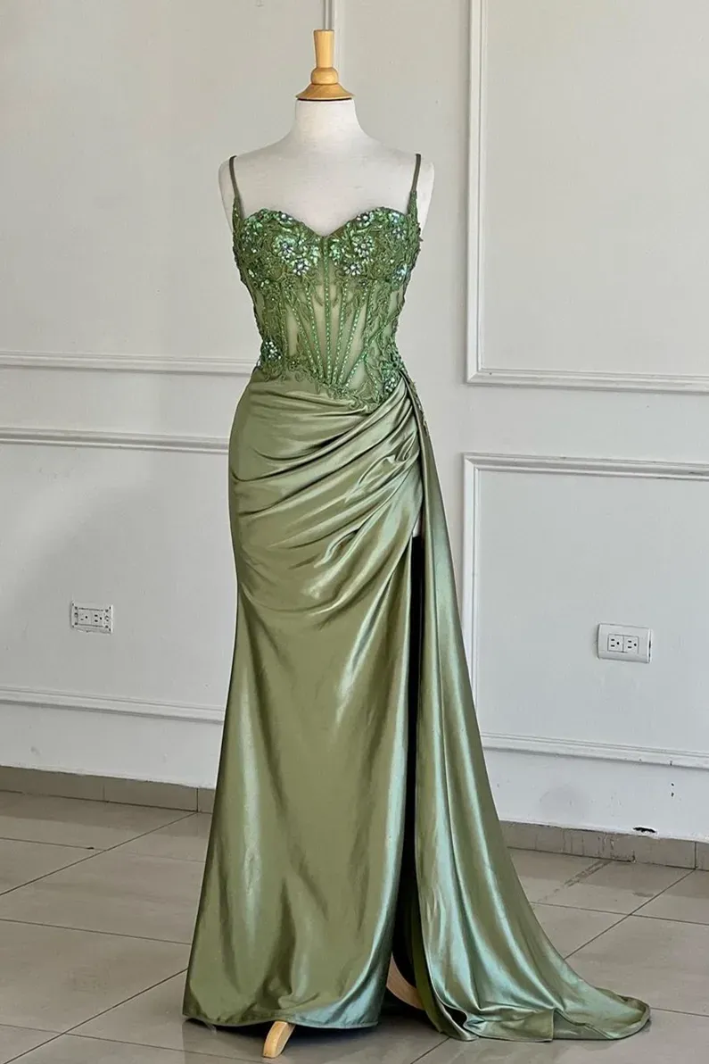 Elegant Silver Satin Mermaid Prom Dress with Spaghetti Straps and Appliques