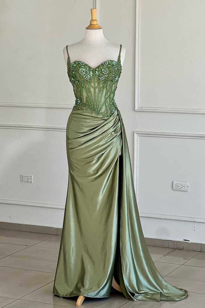 Silver Corset Prom Dress with Trendy Mermaid Spaghetti Straps and Appliques