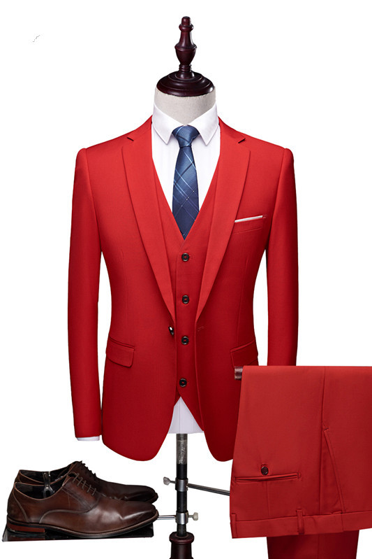 Modern Red Fashion Notched Lapel Three-Piece Wedding Tuxedo