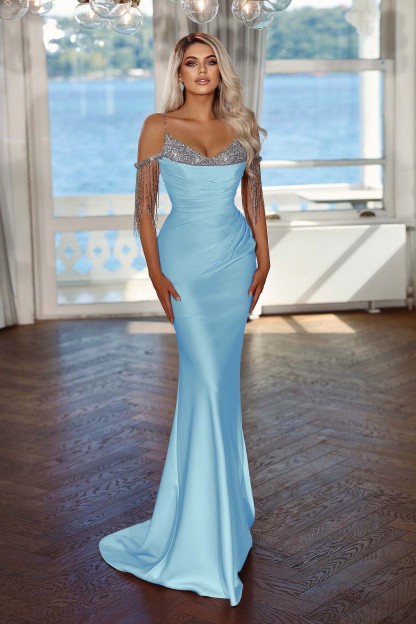 Elegant Spaghetti-Straps Evening Dress Mermaid Long With Tassels Sequins