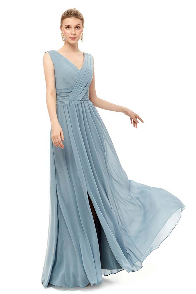 V-Neck Dusty Blue Lace-Up Bridesmaid Dress with Slit