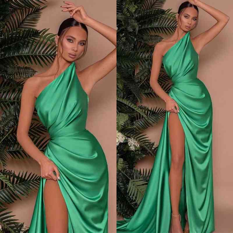 Elegant One Shoulder Sleeveless Mermaid Front Split Evening Dress Green