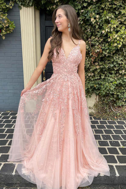 Long Light Pink Prom Dress with Spaghetti Straps and Appliques in A-Line Style