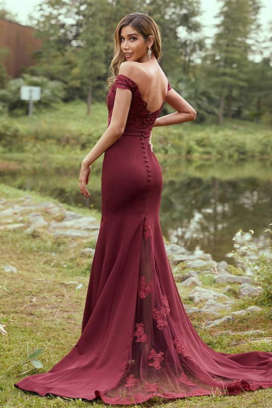 Burgundy Off-the-Shoulder Lace Bridesmaid Dress