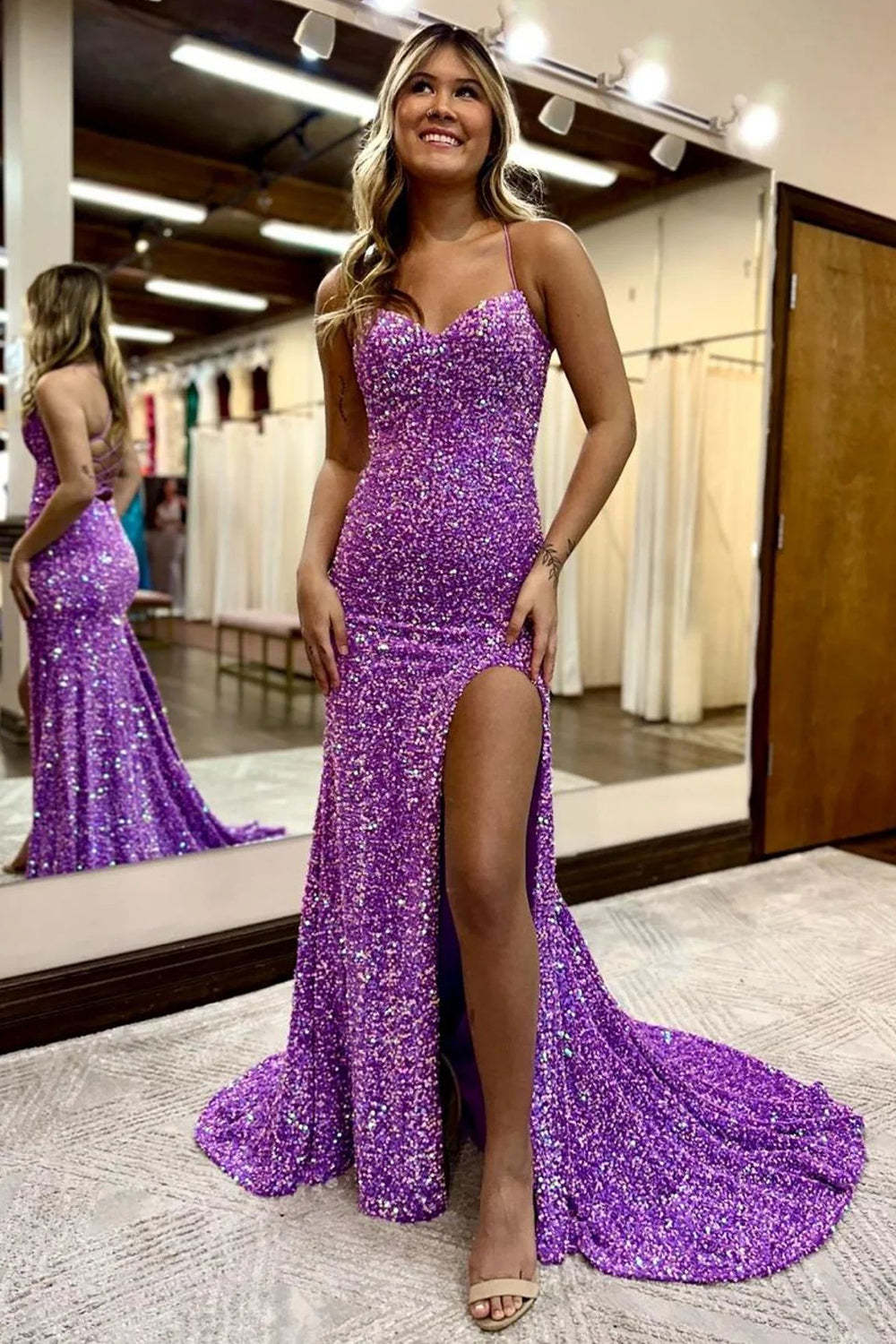 Long Purple Sequined Prom Dress with Mermaid Halter and Criss Cross Back