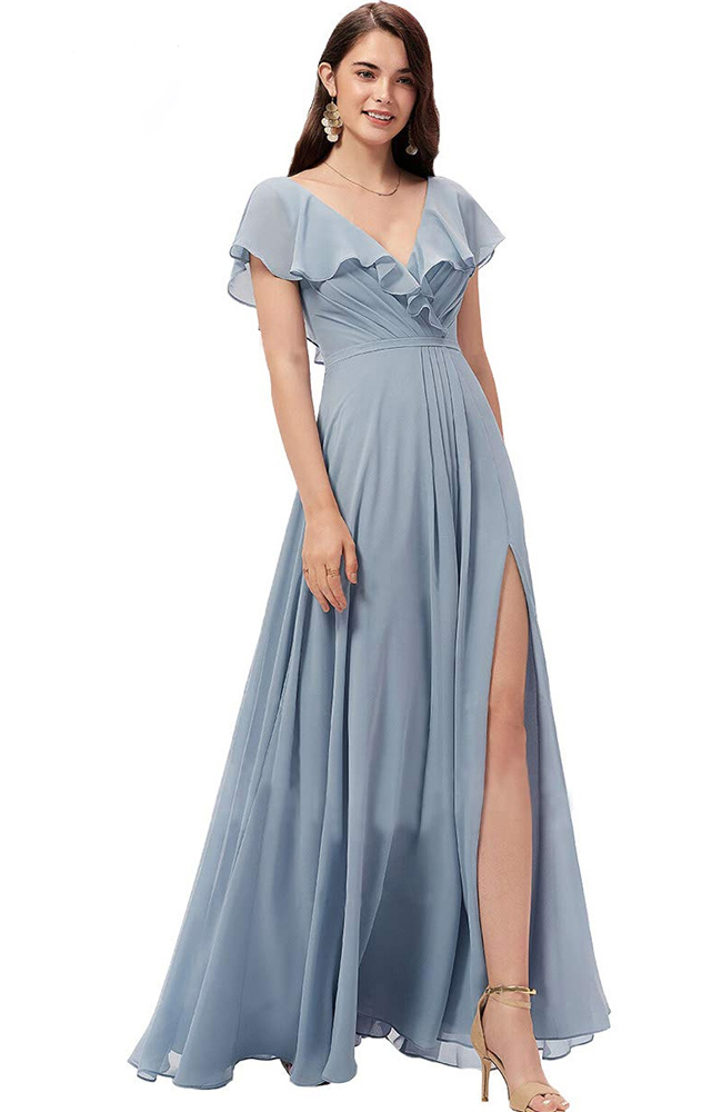 Chiffon Ruffles Bridesmaid Dress with Split