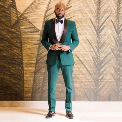 Fashion Dark Green One-Button Anthony Summer Wedding Suits for Groom with Black Shawl Lapel
