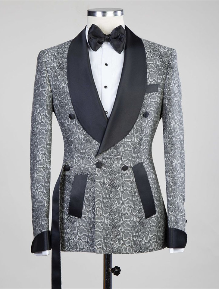 Khalil Gray Black Lapel Jacquard Wedding Men's Suits with Double-Breasted