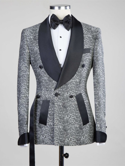 Khalil Gray Black Lapel Jacquard Wedding Men's Suits with Double-Breasted