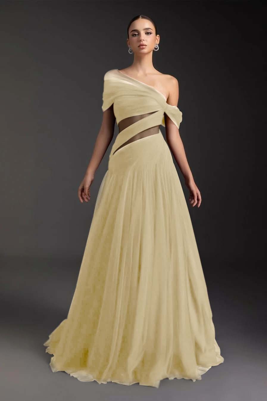 Glamorous Tulle One Shoulder Sleeveless Long Formal Dress With Pleated