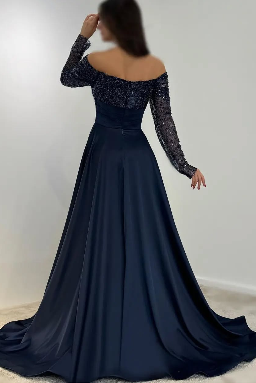 Off the Shoulder Long Sleeves Long Formal Dress With Sequins Pleated