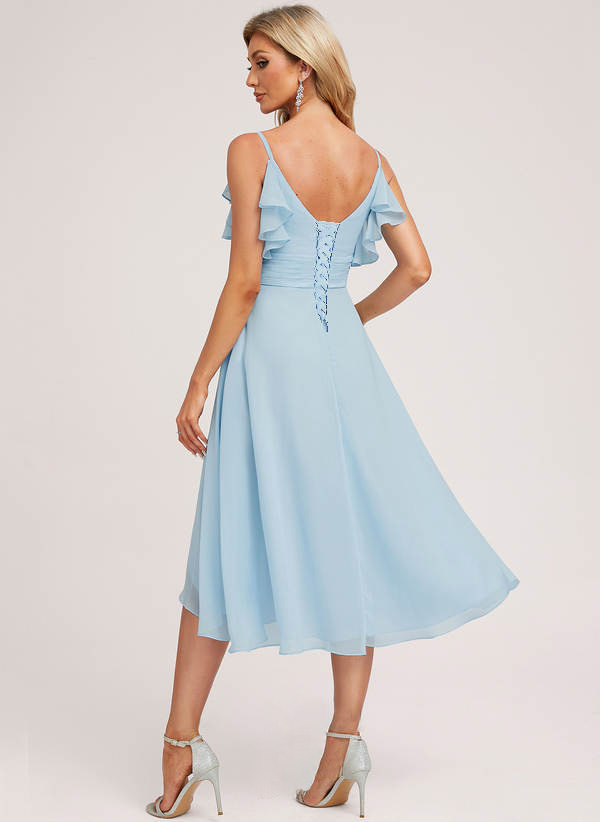Sky Blue Elegant Knee-Length Short Dress With Ruffles