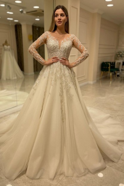 Charming A-Line Lace Appliques Long Wedding Dress with Sleeves