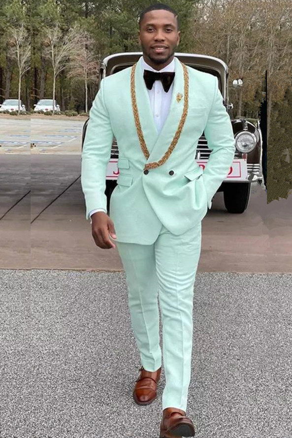 Fashion Conor Mint Green Shawl Lapel Double-Breasted Wedding Suits with Appliques