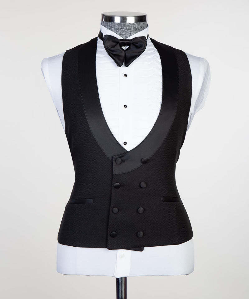 Edmund New Arrival Black Satin Peaked Lapel Men's Suits with Three-Piece