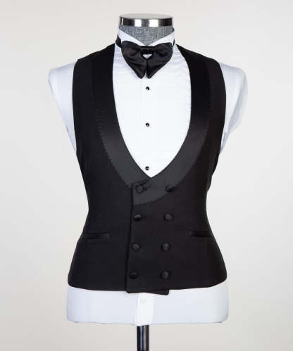 Edmund New Arrival Black Satin Peaked Lapel Men's Suits with Three-Piece