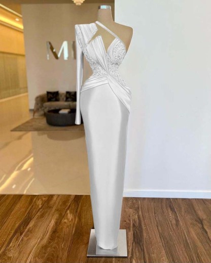 Long Sleeve One Shoulder Long Formal Dress With Pleated Appliques