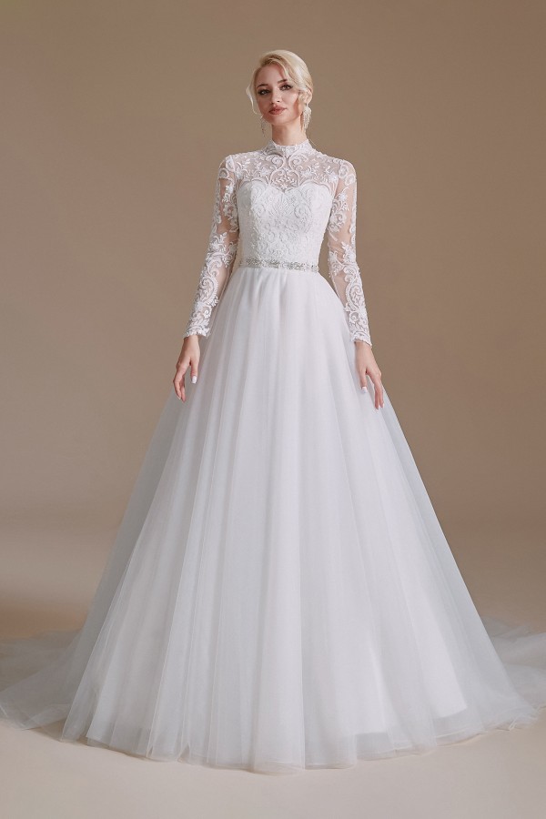 Luxury Long Sleeves A-Line High Neck Wedding Dress with Tulle Lace