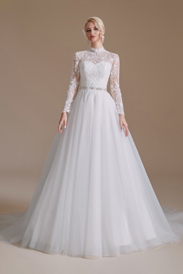 Luxury Long Sleeves A-Line High Neck Wedding Dress with Tulle Lace