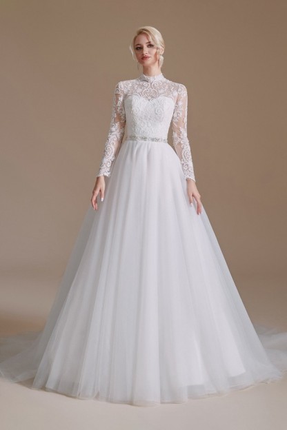 Luxury Long Sleeves A-Line High Neck Wedding Dress with Tulle Lace