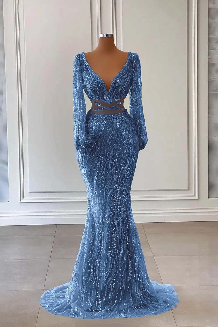 Light Green Long Sleeves V-Neck Evening Dress Mermaid With Sequins Beads