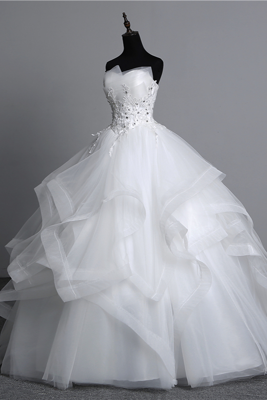 Gorgeous Strapless Tulle Layers Long Ball Gown Wedding Dress with Appliques Beadings