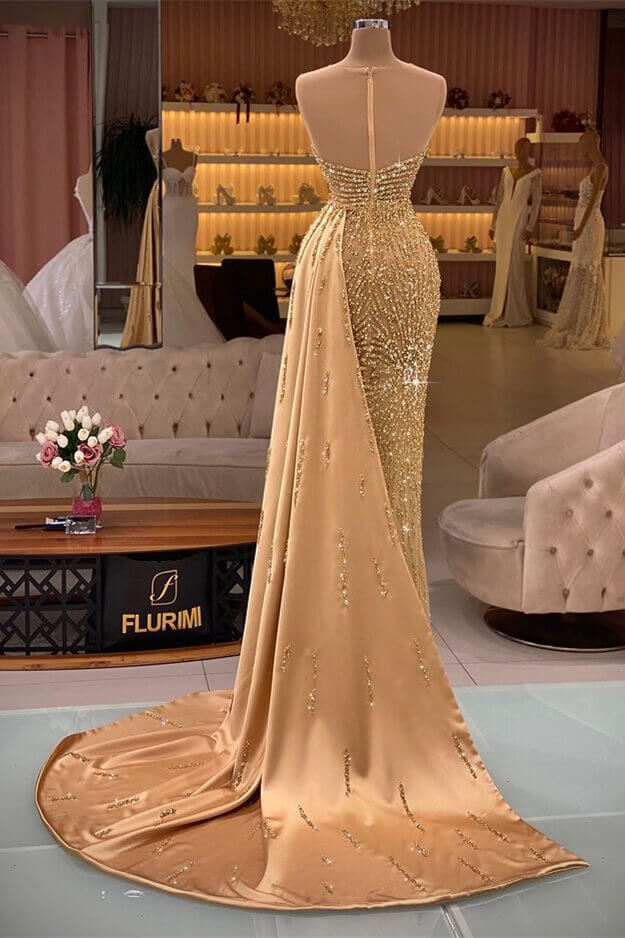 Vintage Gold Sweetheart Mermaid Sleeveless Evening Dress Ruffle With Rhinestone Beadings