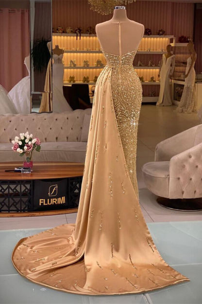 Vintage Gold Sweetheart Mermaid Sleeveless Evening Dress Ruffle With Rhinestone Beadings