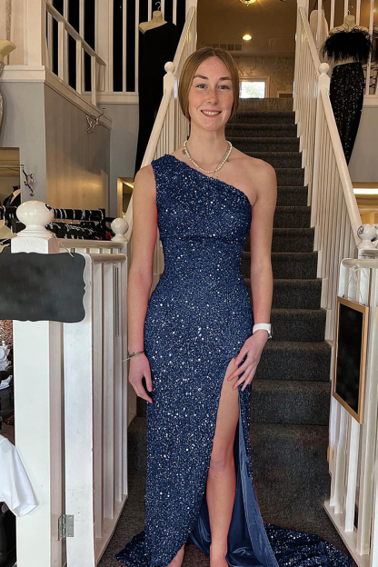 White Sequined Long Prom Gown with One Shoulder and Front Slit