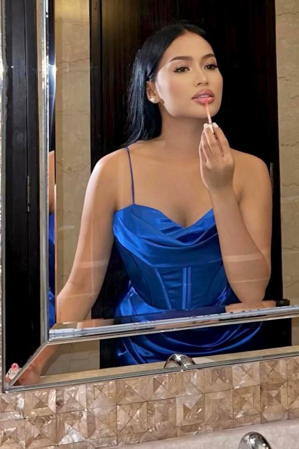Royal Blue Corset Prom Dress with Sheath Spaghetti Straps and Split Front