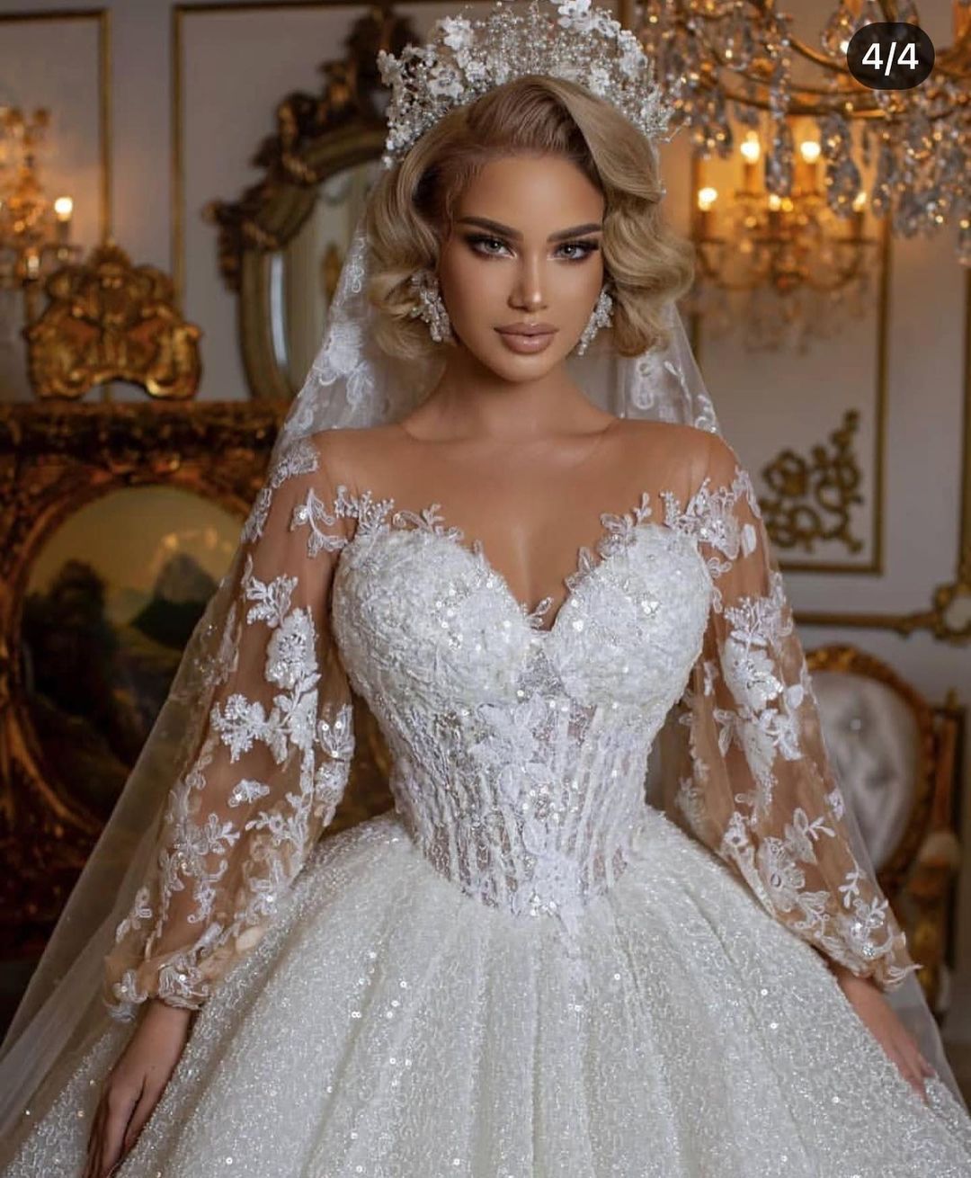 Stunning Ball Gown Puffy Sleeves Long Wedding Dress with Appliques