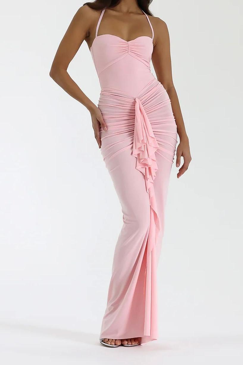 Pink Halter Sweetheart Sleeveless Pleated Long Formal Dress With Ruffles