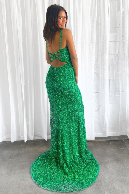 Green Straps Sweetheart Split Sequins Mermaid Evening Dress With Chic Back