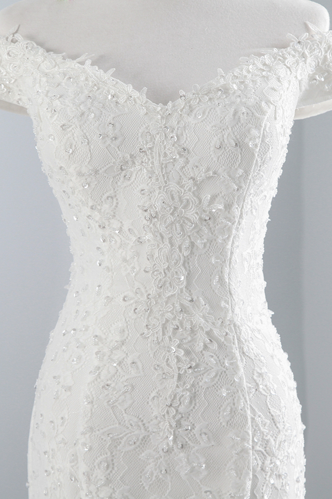 Off-the-Shoulder Floor-Length Long Mermaid Wedding Dress with Lace