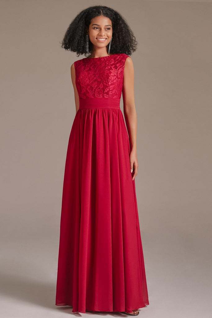 Red Sleeveless Lace Bridesmaid Dress